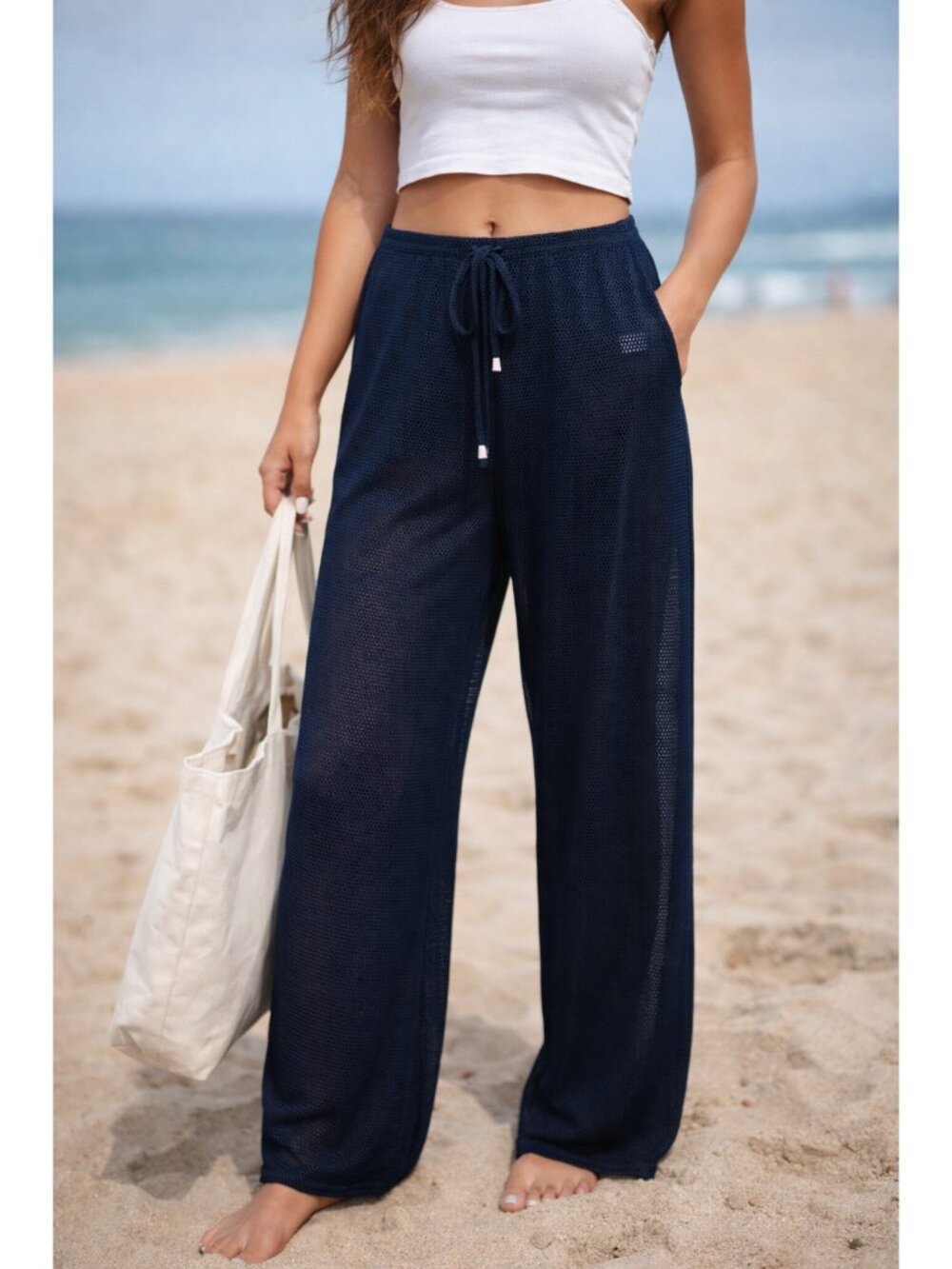 Women's Navy Mesh Open Knit Pull On Pants Cover Up Beach Size Large